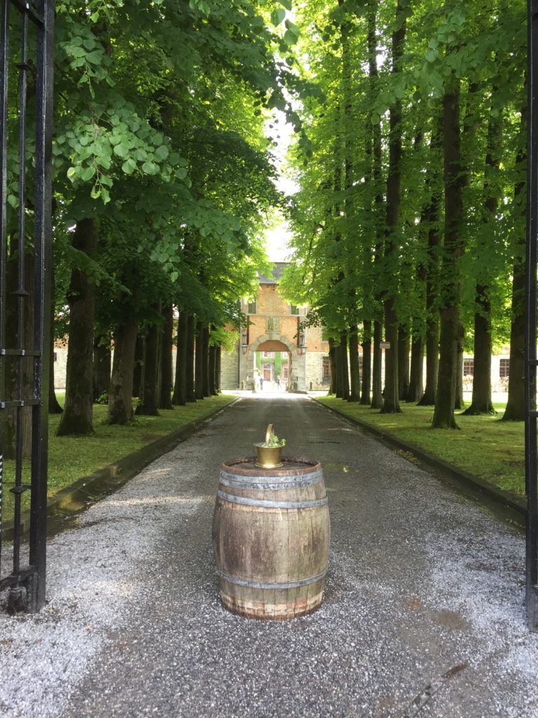 Belgische biologische wijnen van Kasteel Bioul. De hoofdingang met lindebomen.